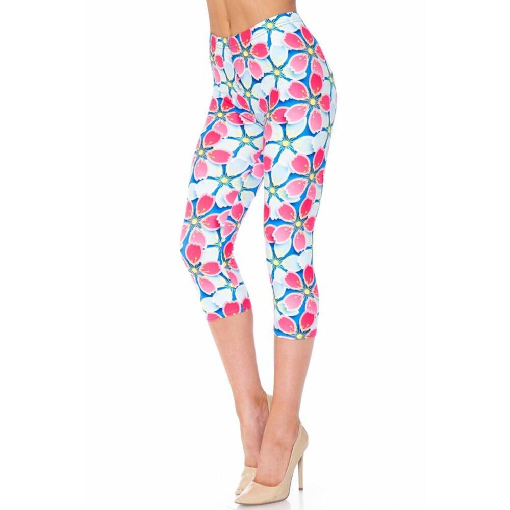 Creamy Soft Pink and Blue Sunshine Floral Extra Plus Size Capris - 3X-5X - USA